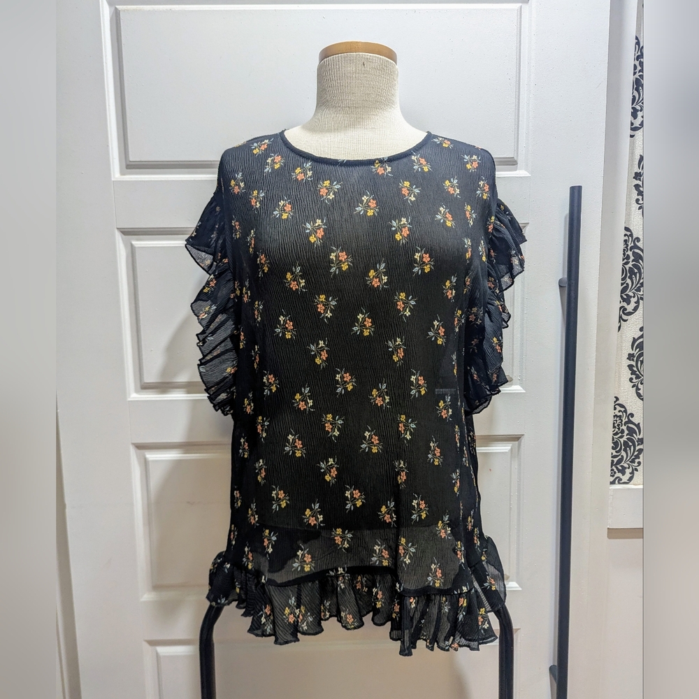 George Black Flutter Sleeve Ruffled Blouse
